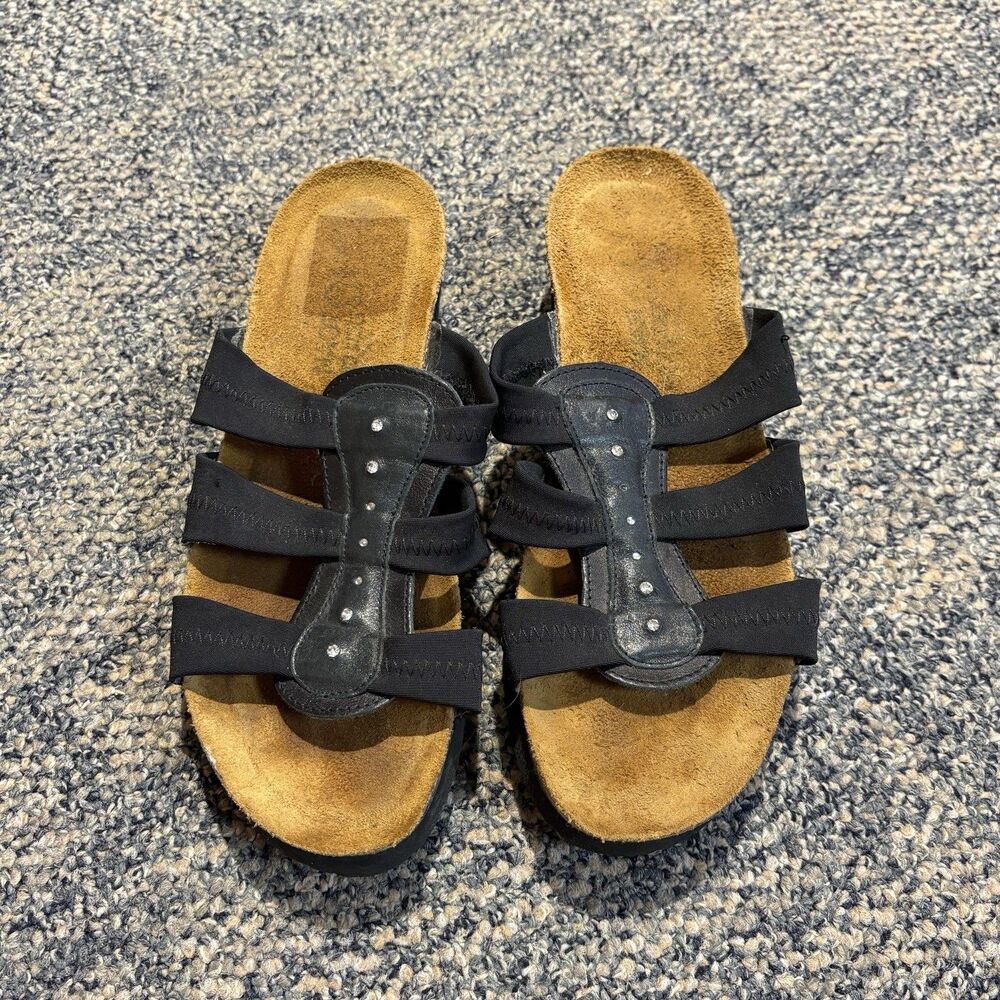 NAOT Brooke Black Leather Slide Sandals Sz 38 Walking Comfort Low Wedge NICE